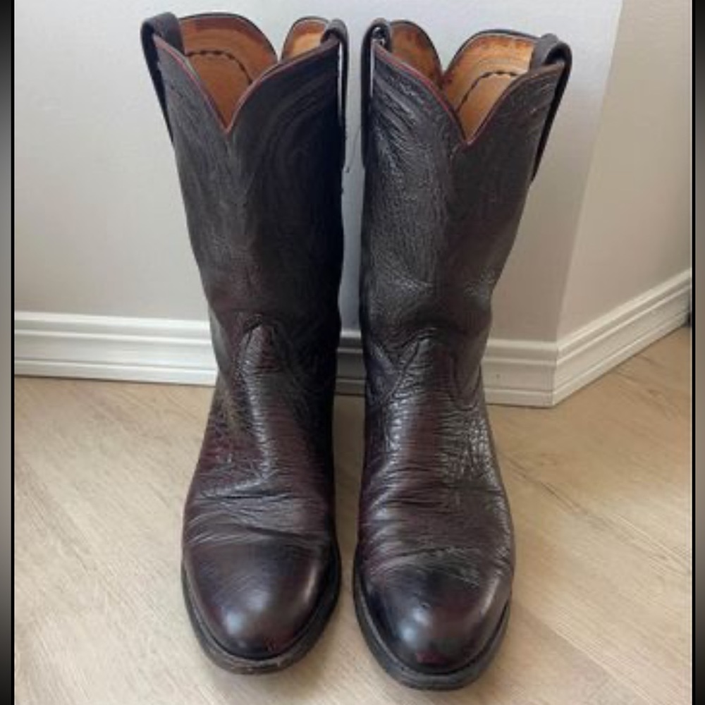 Lucchese 2000 Ostrich Roper Men's Boots , Black Cherry Color—Size 10.5